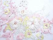 Three Dimensional Applique Embroidered Lace Shiny Pink Yellow Sewing Dance Motif Floral Design 13.75" BL136