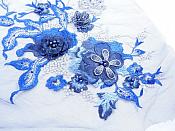 Three Dimensional Applique Embroidered Lace Shiny Blue Silver Sewing Dance Motif Floral Design 13.75" BL136