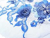 Three Dimensional Applique Embroidered Lace Shiny Blue Silver Sewing Dance Motif Floral Design 13.75" BL136
