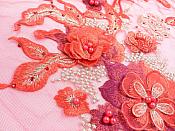Three Dimensional Applique Embroidered Lace Red Gold Sewing Dance Motif Floral Design 13.75" BL136
