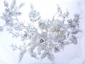 Three Dimensional Applique Embroidered Lace Silver Sewing Dance Motif Floral Design 13.75" BL136