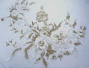 Three Dimensional Applique Embroidered Lace White Gold Sewing Dance Motif Floral Design 13.75" BL136