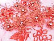Floral Applique Three Dimensional Embroidered Lace Red Gold Sewing Patch 15 inches BL139