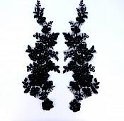 Sequin Lace Appliques Black Floral Venice Lace Mirror Pair Clothing Patch 14" BL146X