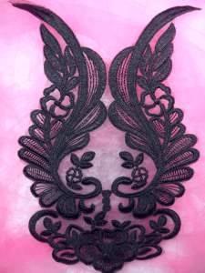 BL60 Black Floral Venise Lace Applique 12"