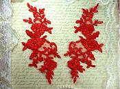Mirror Pair Red Floral Venise Lace Embroidered Appliques 9" (BL88)