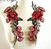 Embroidered Floral Applique Mirror Pair Red Clothing Patch Craft Motif 11.5" (BL96X)