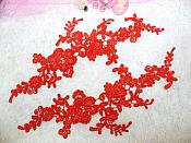 Embroidered Floral Applique Mirror Pair Red Clothing Patch Craft Motif 13.5" (BL98X)
