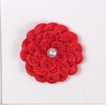 E5560 Red Pearl Crochet Ribbon Floral Applique 1.5"