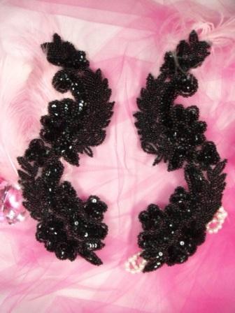 0180 Black  Mirror Pair Sequin Beaded Appliques 8"