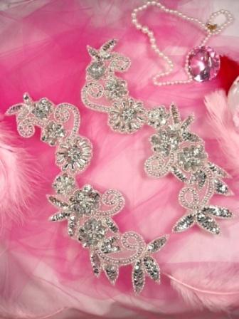0183 Sequin Appliques Silver Beaded Mirror Pair Floral Dance