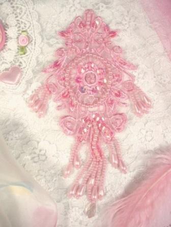 0204 Pink AB Venise Lace Sequin Beaded Applique 7.5"