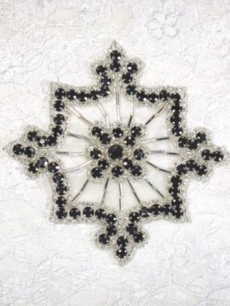 0260  Black Jewel Silver Beaded Rhinestone Applique 4"