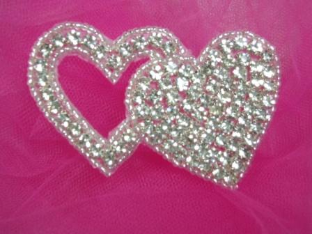 XR236  Genuine Rhinestone Double Heart Beaded Applique 3"