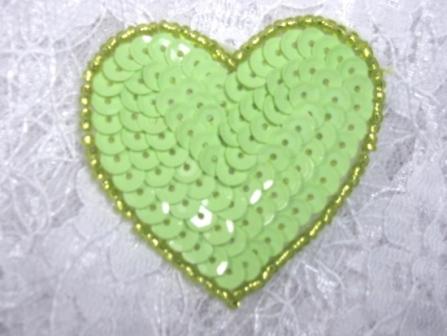 0363  Lime Green Heart Beaded Sequin Applique 2"