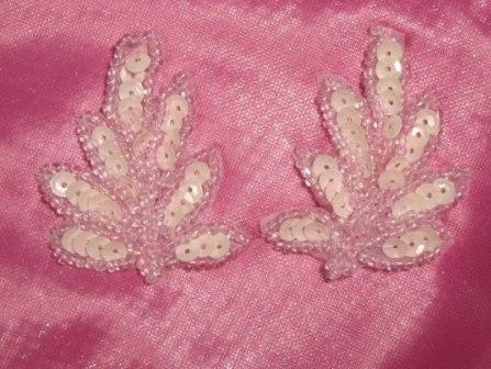 T8633 Pink Opaque Leaf Mirror Pair Sequin Beaded Appliques 2"