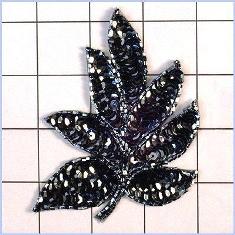 FS476 Leaf Applique Sequin Gunmetal Beaded Motif 4"