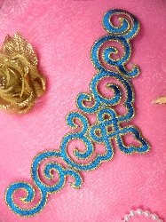 DE3 Iron On Turquoise Gold Metallic Scroll Collar Embroidered Applique 9.5"