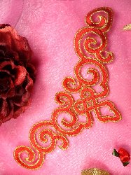 DE3 Iron On Red Gold Metallic Scroll Collar Embroidered Applique 9.5"