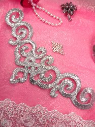 DE3 Iron On Silver Metallic Scroll Collar Embroidered Applique 9.5"