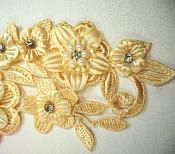 3D Venice Lace Applique Gold Floral Venise Lace with Crystal Rhinestones and Pearls 8" (DH101X)