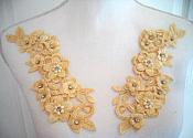 3D Venice Lace Applique Gold Floral Venise Lace with Crystal Rhinestones and Pearls 8" (DH101X)
