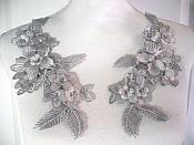 Venice Lace 3D Silver Applique Floral Venise Lace with Crystal Rhinestones 9" (DH102X)