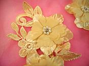 Venice Lace 3D Gold Applique Floral Venise Lace with Crystal Rhinestones and Pearls 9" (DH103X)