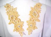 Venice Lace 3D Gold Applique Floral Venise Lace with Crystal Rhinestones and long Pearls Dangles 10" (DH104X)