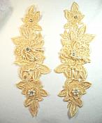 Venice Lace 3D Gold Applique Floral Venise Lace with Crystal Rhinestones and long Pearls Dangles 10" (DH104X)