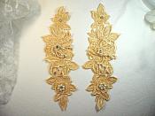 Venice Lace 3D Gold Applique Floral Venise Lace with Crystal Rhinestones and long Pearls Dangles 10" (DH104X)