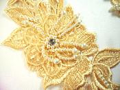 Venice Lace 3D Gold Applique Floral Venise Lace with Crystal Rhinestones and long Pearls Dangles 10" (DH104X)