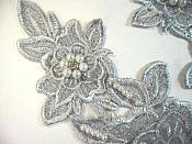 Venice Lace 3D Silver Applique Floral Venise Lace with Crystal Rhinestones and Pearls Dangles 10" (DH104X)