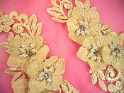 Venice Lace 3D Gold Applique Floral Venise Lace with Crystal Rhinestones and Pearls Dangles 9" (DH105X)
