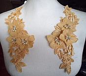 Venice Lace 3D Gold Applique Floral Venise Lace with Crystal Rhinestones and Pearls Dangles 9" (DH105X)