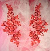 Embroidered Appliques Venice Lace Sequin Red Floral Mirror Pair 9.5" (BL134X)