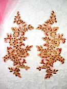 Sequined Venice Lace Appliques Red Gold Floral Bling Mirror Pair Motif Patch 10" (DH111X)