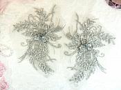 Embroidered Lace Applique Mirror Pair Floral design accented w/ Sequins and Beads Silver 8" (DH117X)