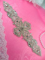 DH12 Designer Crystal Glass Rhinestone Silver Beaded Applique 10.5"