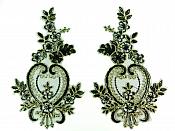 Designer Appliques Lace Embroidered Mirror Pair Black w/ Gold Costume Patch DH137X