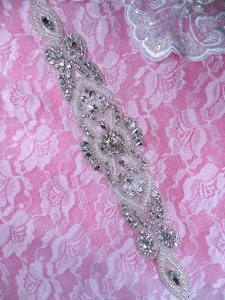 DH35 Pearl Applique Crystal Clear Rhinestone Sliver Beaded Patch 11"