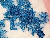 Embroidered Lace Applique Mirror Pair Floral design accented w/ Sequins and Beads Dark Turquoise Color 7" (DH50)