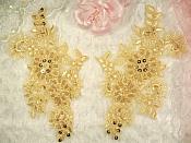 Appliques Floral Venise Lace Gold Mirror Pair Sequin Beaded 7" (DH50X-gl)