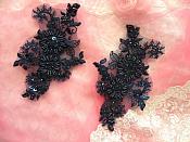 Embroidered Lace Applique Mirror Pair Floral design accented w/ Sequins and Beads Navy Blue Color 7" (DH50)