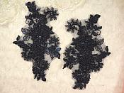 Embroidered Lace Applique Mirror Pair Floral design accented w/ Sequins and Beads Navy Blue Color 7" (DH50)