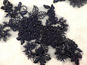Embroidered Lace Applique Mirror Pair Floral design accented w/ Sequins and Beads Navy Blue Color 7" (DH50)