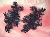 Embroidered Lace Applique Mirror Pair Floral design accented w/ Sequins and Beads Navy Blue Color 7" (DH50)