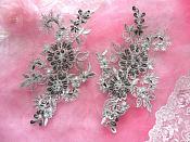 Embroidered Lace Applique Mirror Pair Floral design accented w/ Pewter Sequins and Beads Grey Silver Color 7" (DH50)
