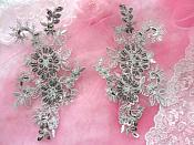 Embroidered Lace Applique Mirror Pair Floral design accented w/ Pewter Sequins and Beads Grey Silver Color 7" (DH50)