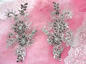 Embroidered Lace Applique Mirror Pair Floral design accented w/ Pewter Sequins and Beads Grey Silver Color 7" (DH50)